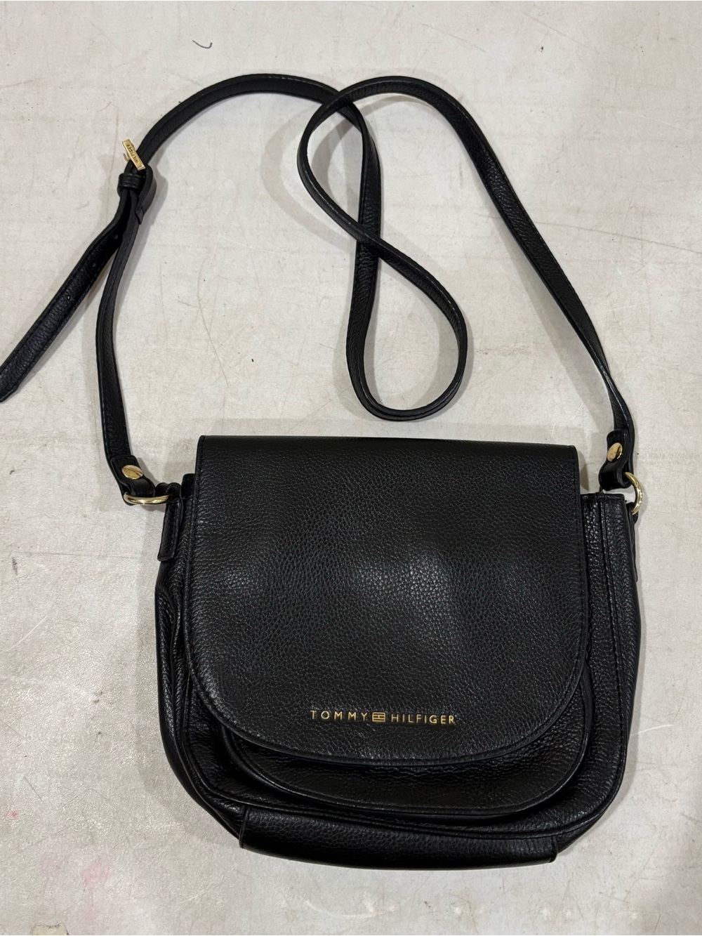 Tommy Hilfiger Black Pebbled Leather Crossbody with Gold Logo